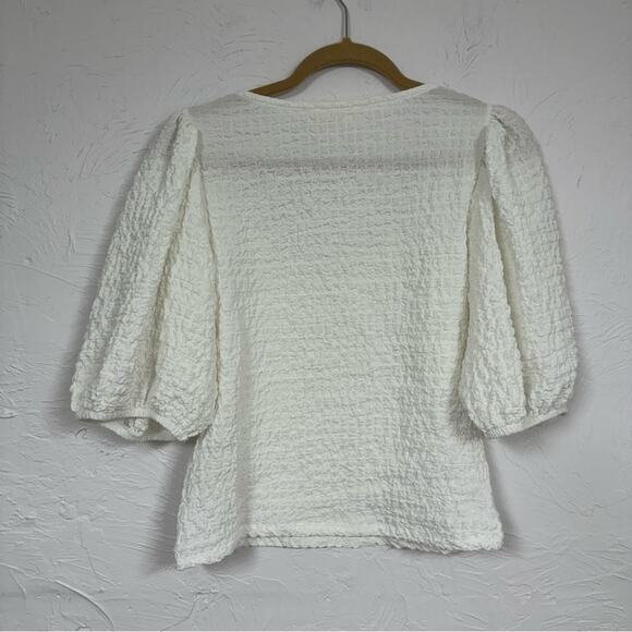 Anthropologie Maeve White Puff Sleeve Boho Blouse Womens L Peasant Crepe Shirt - Picture 5 of 9
